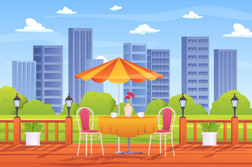 Summer outdoor cafe concept in flat cartoon design. Terrace with cups on table and chairs, umbrella, wooden fence with lanterns, green plants and skyscrapers view. Vector illustration background