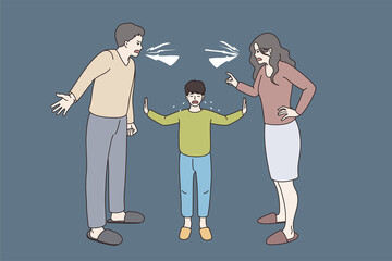 Conflict and fight in family concept. Small crying boy standing between two screaming angry parents trying to comfort them vector illustration 