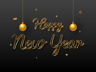 Golden Happy New Year Font With 3D Baubles Hang On Black Background.