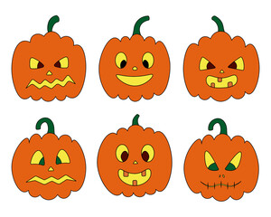 Pumpkin. Faces. Orange vegetable backlit. Vector set of illustrations. Isolated white background. Halloween symbol. A collection with a variety of grimaces. Jack-lantern. Angry, smiling, scared. 