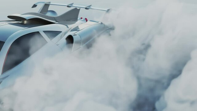 Drift wheels sport cars with smoke. Burnout of drift car. Sport car with smoke. A lot of smoke from a drifting car. 3d animation