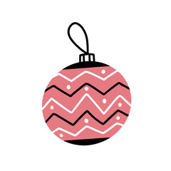 Christmas tree toy pink ball with different angular black and white lines and dots in simple doodle style.