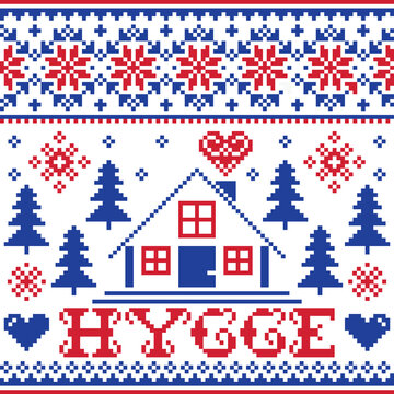 Hygge vector cross-stitch winter or Christmas seamless pattern - Danish and Norwegian design with home, trees, snow and hearts 
