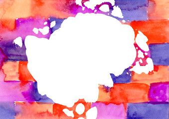 Abstract circle big white Blobs and Drops on colorful Watercolor brick wall textured background. Hand drawn rainbow colored. Mottled Splash in the paper. Spring and summer colors. Orange and red