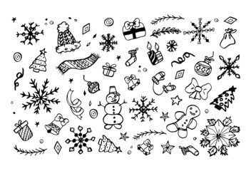 Set with Christmas winter decorations, snowflakes, snowman, clothes, flower, ball, branch and tree. Black outline. Hand drawn doodle poster on white. Design for xmas card. Vector isolated illustration