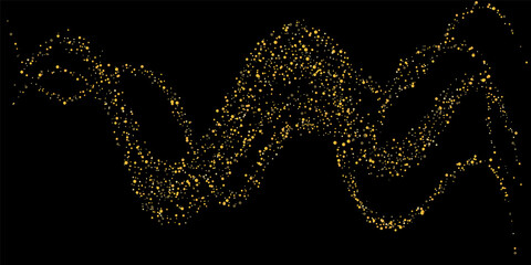 Gold glitter confetti on a black background. Shiny sand particles are scattered. Decorative items. Luxury background for your design, greeting cards, invitations, vector