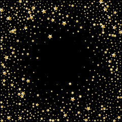 Confetti of shooting golden stars. Golden stars. Festive background, design cards, invitations. Abstract texture on a black background. Design element. Vector illustration, eps 10.