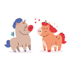 Cute unicorns in love Valentine's day vector cartoon character isolated on a white background.