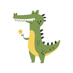 Cute crocodile with flower vector cartoon character isolated on a white background.