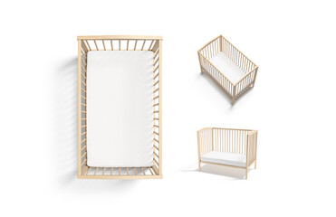 Blank wood cot with white crib sheet mockup, different views - obrazy, fototapety, plakaty