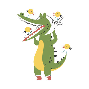 Cute crocodile heals teeth vector cartoon character isolated on a white background.