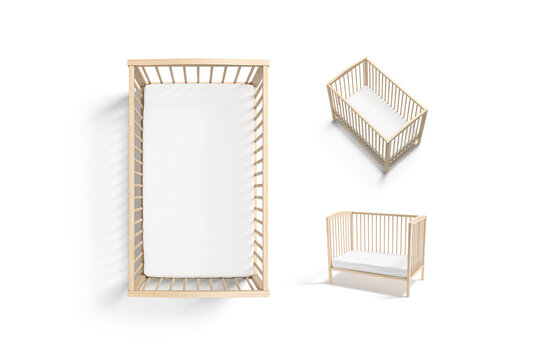 Blank wood cot with white crib sheet mockup, different views
