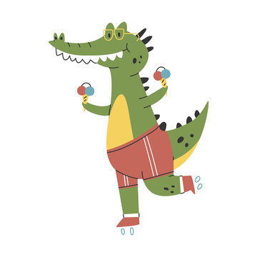 Cute crocodile rollerblading vector cartoon character isolated on a white background.