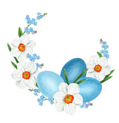 Easter wreath with daffodils, forget-me-nots and blue colored eggs.  Watercolor illustration