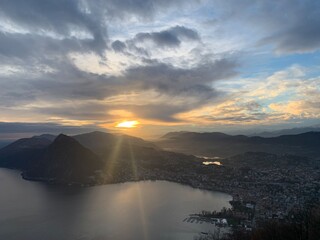 sunset over the lake in lugano Ticino