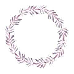 Fototapeta na wymiar Watercolor leaves. Round frame on a white background. Element for decor, invitations.