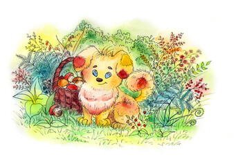 watercolor illustration of a puppy in the forest with mushrooms