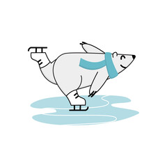 Polar bear ice skating training. Funny cartoon winter mascot