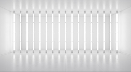 Bright abstract 3d background. White room with vertical cylindrical lights. 3d illustration.