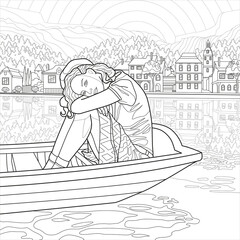 A girl in a boat sits against the background of the river, houses and mountains. Coloring book antistress for children and adults. Illustration isolated on white background.Zen-tangle style. Hand draw