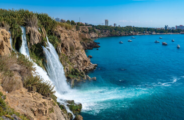Fototapeta na wymiar Lower Duden waterfalls, Mediterranean sea coast, Antalya, Turkey.