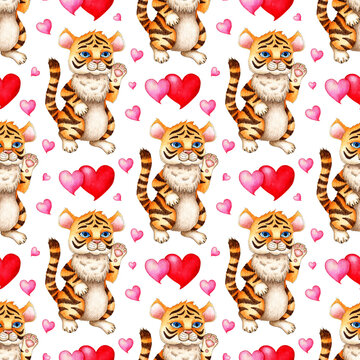 Watercolor painting pattern with cartoon tiger and hearts. Symbol of Chinese New Year, Christmas and Valentine's Day. Winter childrens illustration. Isolated over white background.