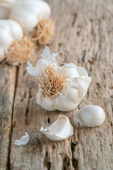 bulb and cloves of garlic on wooden background