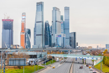 cityscape skyscraper building highway Moscow city district business transport