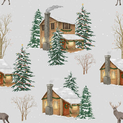 seamless watercolor pattern with winter forest, houses and snow