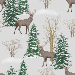 Fototapety  seamless watercolor pattern with holiday cabins, winter forest and deer