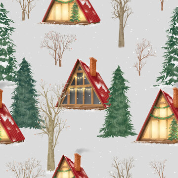 seamless watercolor pattern with winter forest, houses and snow