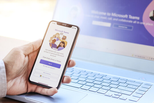 5 December 2021 Chiang mai, Thailand : Employee enabled Microsoft Teams social platform, group chat platform app, work from home concept.
