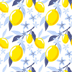 Lemons seamless pattern on white background. Cartoon flat citrus fruit repeat print. Yellow lemons, blue flowers, leaves ornament.