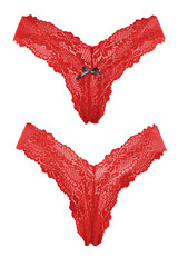 Detail shot of red erotic lace panties. Sexy lingerie is isolated on the white background. Front and back views. 