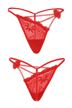 Detail shot of red erotic lace string panties with chains and flower applique. Sexy lingerie is isolated on the white background. Front and back views. 