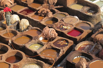 leather dyeing in the city center of Fes in Morocco