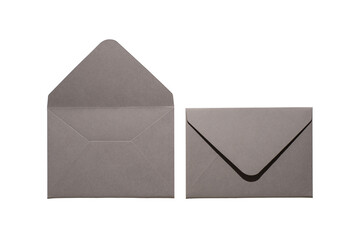 Top view photo of two open and closed grey envelopes on isolated white background with empty space