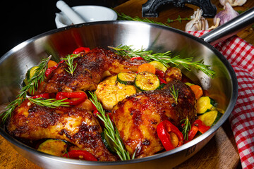 Fried chicken legs with various vegetables and spices
