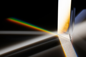 Triangular Prism dispersing sun beam splitting into a spectrum on white background