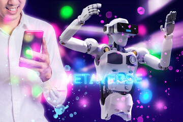 Robot metaverse VR avatar reality game virtual reality of people blockchain technology investment, business lifestyle virtual reality vr world connection cyber avatar metaverse to people 2022