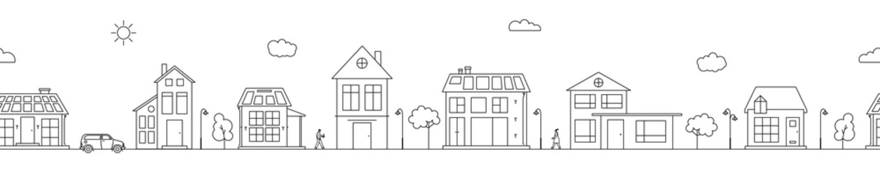 Seamless web banner with Neighborhood line art vector illustration. Cityscape with monochrome residential buildings and solar panels on roofs