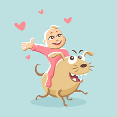 Running funny dog pup with smiling baby girl in a pink pajama vector illustration