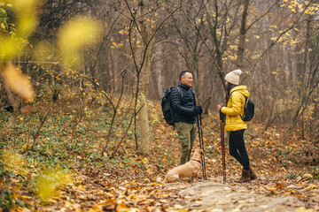 Two caucasian hikers, planing where to go next, while on the mountain.