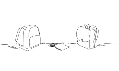 Continuous line drawing of book and two bag, back to school, seamless background pattern, object one line, single line art, vector illustration