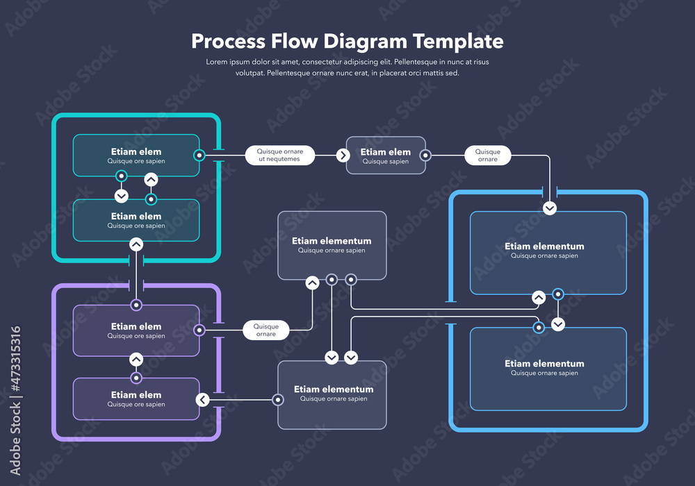 Poster Modern infographic for process flow diagram - dark version. Flat design, easy to use for your website or presentation.