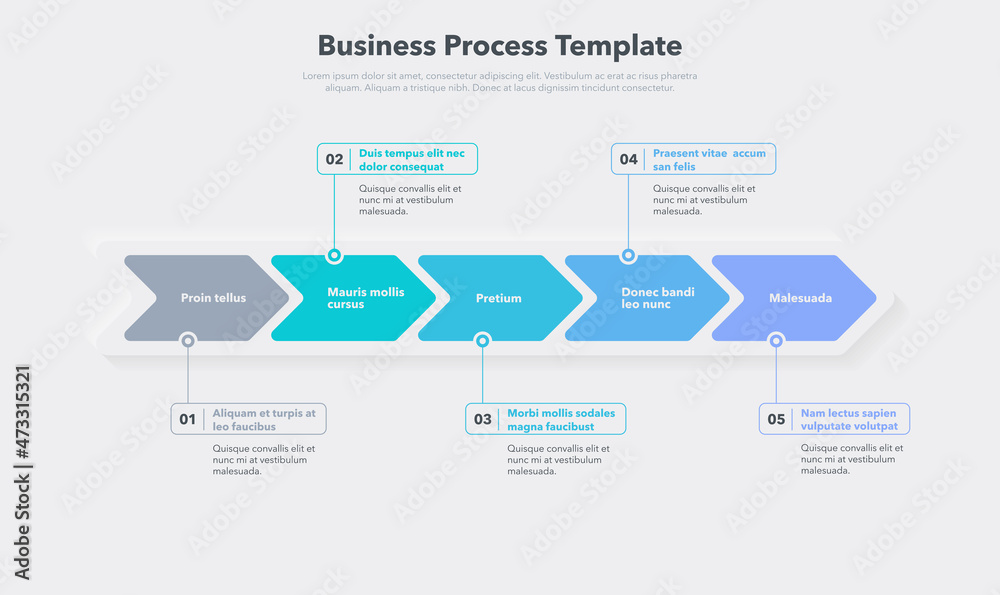 Aufkleber Simple business process template with five colorful steps. Easy to use for your website or presentation.