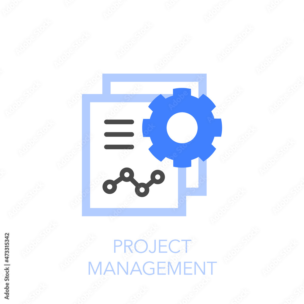 Poster Project management symbol with a documentations and cogwheel. Easy to use for your website or presentation.