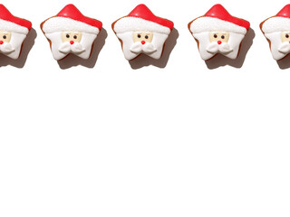 Christmas cookie pattern. White seamless background. Winter holidays dessert ornament. Gingerbread biscuit collection creative arrangement isolated on light.