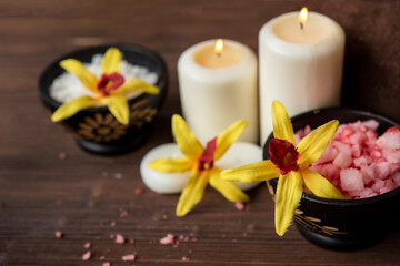 Fototapeta na wymiar Thai Spa Treatments aroma therapy salt and nature sugar scrub massage with orchid flower with candle. Thailand. Healthy Concept.