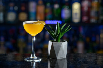 yellow refreshing coctail on a bar desk